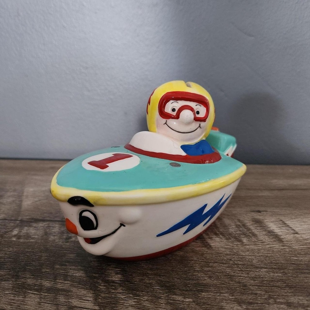 Vintage 1991 Enesco David Olsen Speed Boat Ceramic Piggy Bank Racing Driver